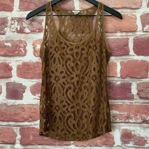 Fossil Tops - FOSSIL WOMEN'S TOP XS BROWN FLORAL EMBROIDERED MESH SHEER CASUAL CAMI TANK SHIRT
